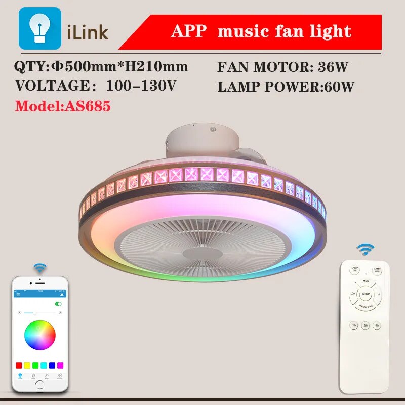 50CM Ceiling Fan Chandelier With Led Light Remote Control Smart Bluetooth Electric Silent Fan 3 Speed Wind For Bedroom Decor