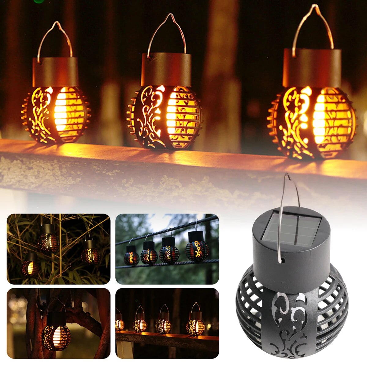 6LED Solar Flame Light Outdoor Garden Lanterns - Waterproof Hanging Flickering Flame Lamp for Patio Decor