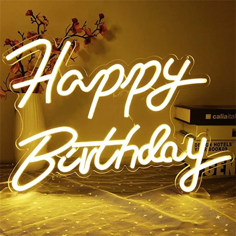 Happy Birthday Neon Sign - Decorative Warm White LED Light for Party Decorations