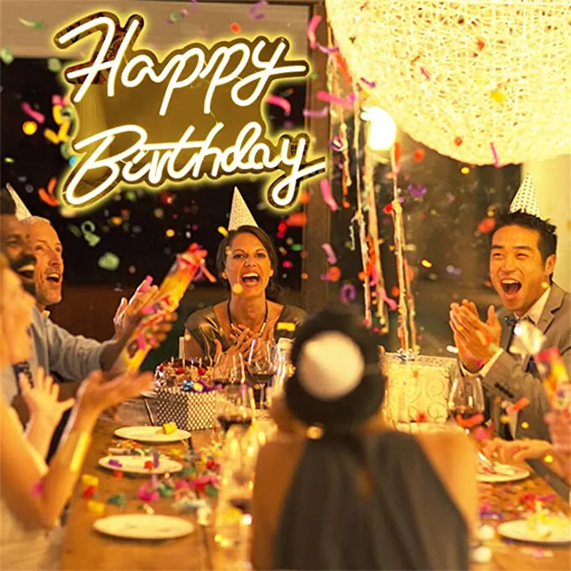 Happy Birthday Neon Sign - Decorative Warm White LED Light for Party Decorations