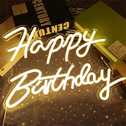 Happy Birthday Neon Sign - Decorative Warm White LED Light for Party Decorations