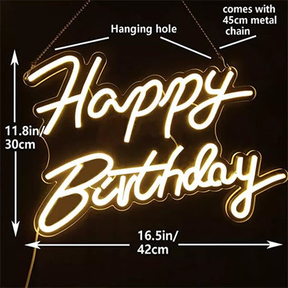 Happy Birthday Neon Sign - Decorative Warm White LED Light for Party Decorations