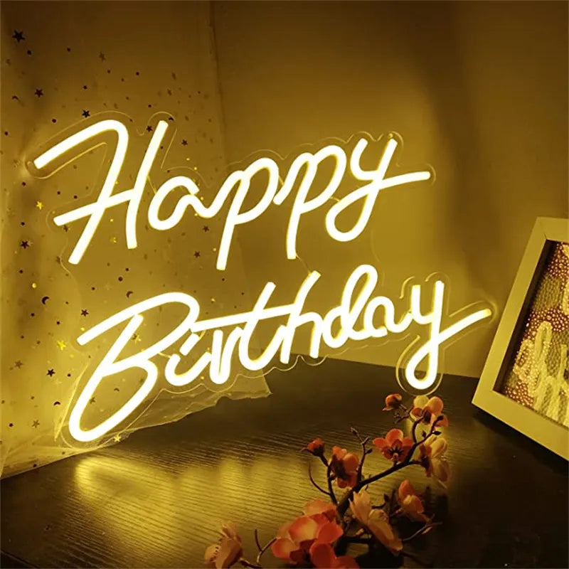 Happy Birthday Neon Sign - Decorative Warm White LED Light for Party Decorations