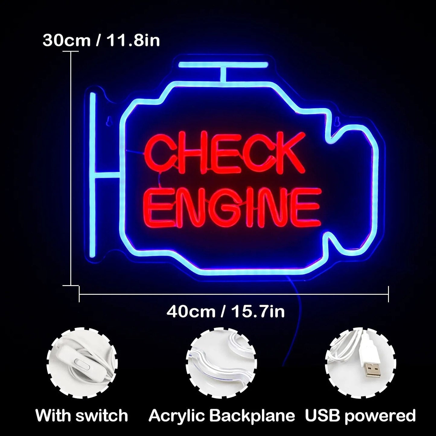 LED Solar Light "Check Engine" Neon Sign - Auto Room Garage Car Repair Shop Home USB Switch Bar Atmosphere Studio Wall Decor Gift Lamp