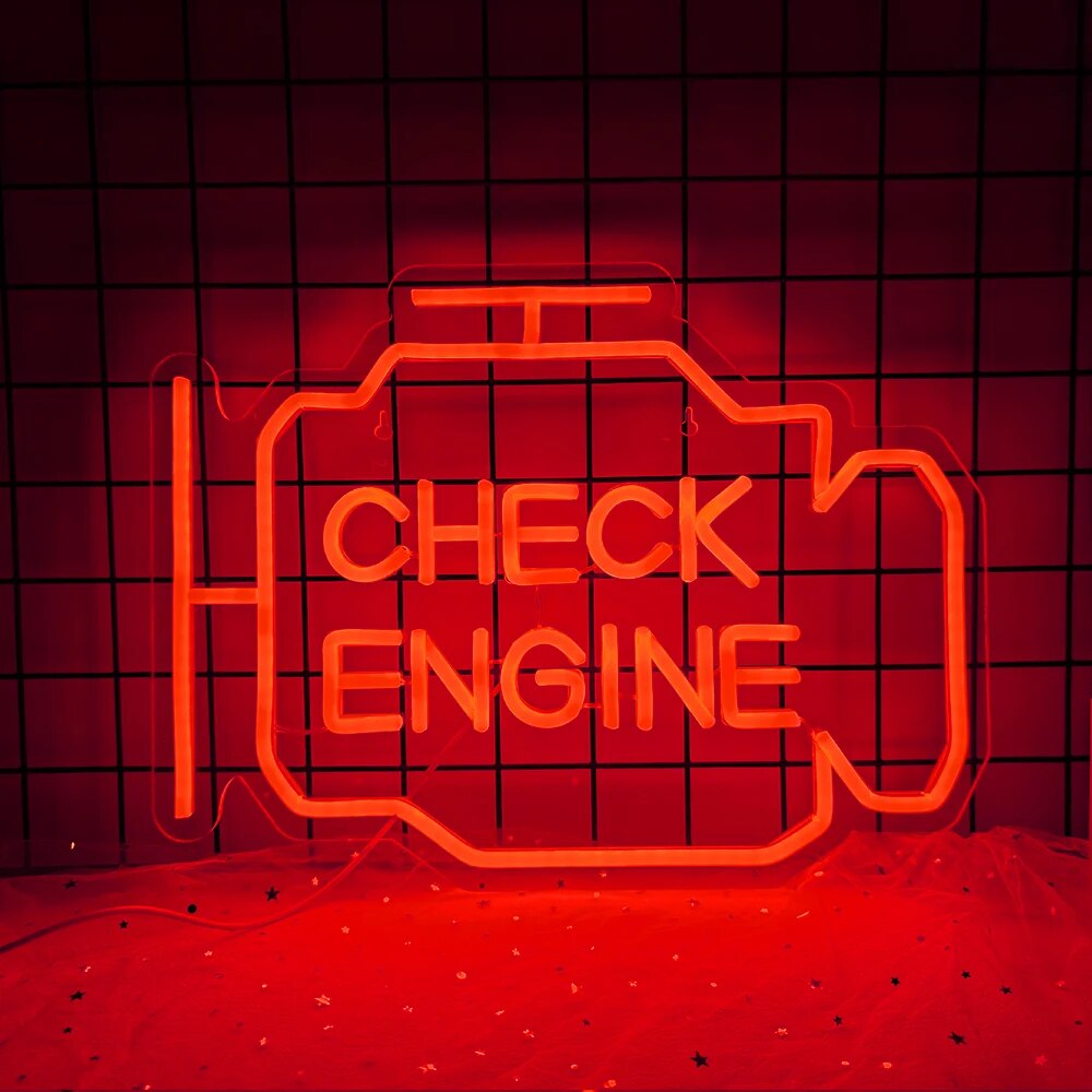 LED Solar Light "Check Engine" Neon Sign - Auto Room Garage Car Repair Shop Home USB Switch Bar Atmosphere Studio Wall Decor Gift Lamp