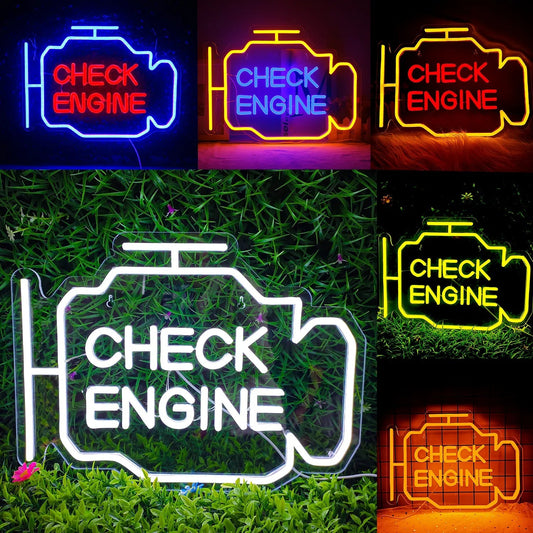 LED Solar Light "Check Engine" Neon Sign - Auto Room Garage Car Repair Shop Home USB Switch Bar Atmosphere Studio Wall Decor Gift Lamp