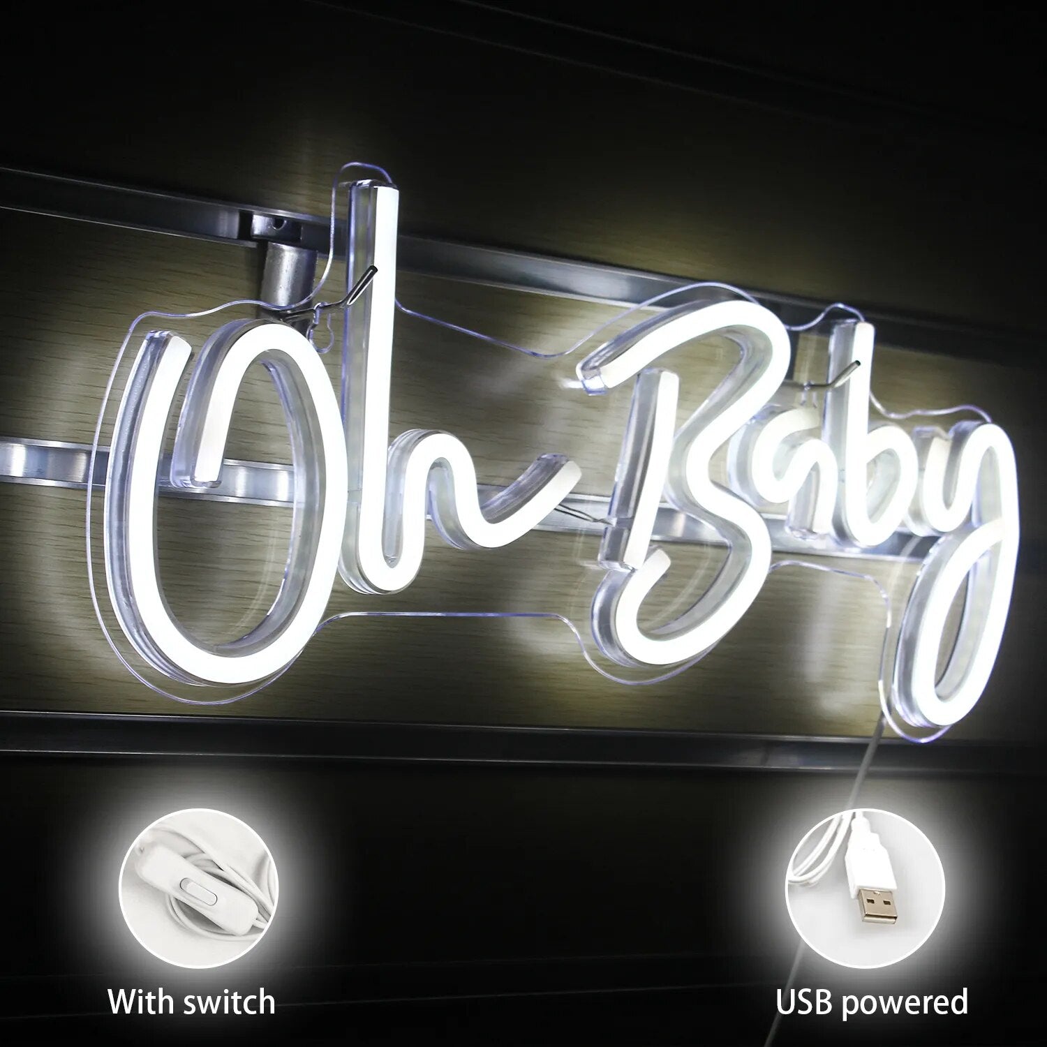 Neon Sign "Oh Baby" - LED Transparent Wall Decor for Wedding, Birthday, and Home Aesthetics